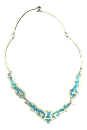 Vintage Mexican Alpaca Silver Necklace Turquoise Inlay
