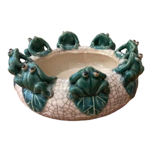Antique English Majolica Glazed Ceramic Frog Catchall Bowl Planter
