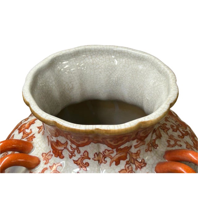 1970s Vintage Oriental Orange Red Floral Baluster Shape Porcelain Art Vase For Sale - Image 5 of 13