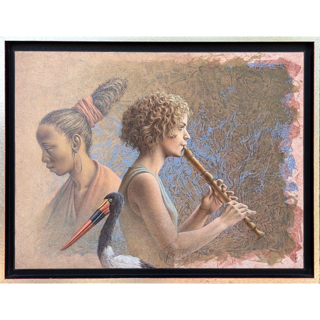 Poen de Wijs "Tripelconcert" Realist Painting of Two Women with a Flute & Saddlebill Stork, 1998 For Sale