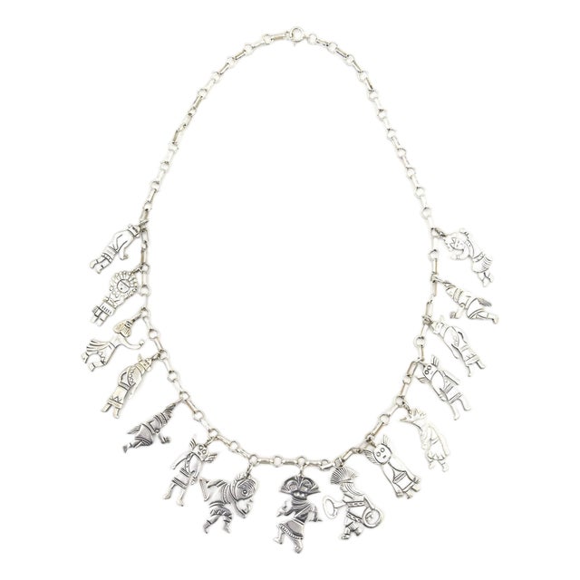 Late 20th Century Southwestern Sterling Silver Figural Charm Necklace, Kachina-Inspired Folk Art Style For Sale