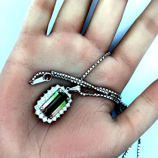 Early 21st Century 12.53 Carat Watermelon Tourmaline Diamond-Halo Platinum Pendant Necklace For Sale - Image 5 of 5