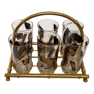 Set of Six Jules Jurgensen Black & Gold Highball Glasses in Faux Bamboo Carrier For Sale