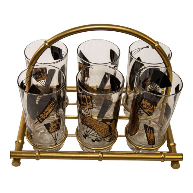 Set of Six Jules Jurgensen Black & Gold Highball Glasses in Faux Bamboo Carrier For Sale