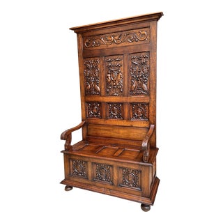 19th Century French Hall Bench Settle Renaissance Carved Oak Breton Brittany For Sale