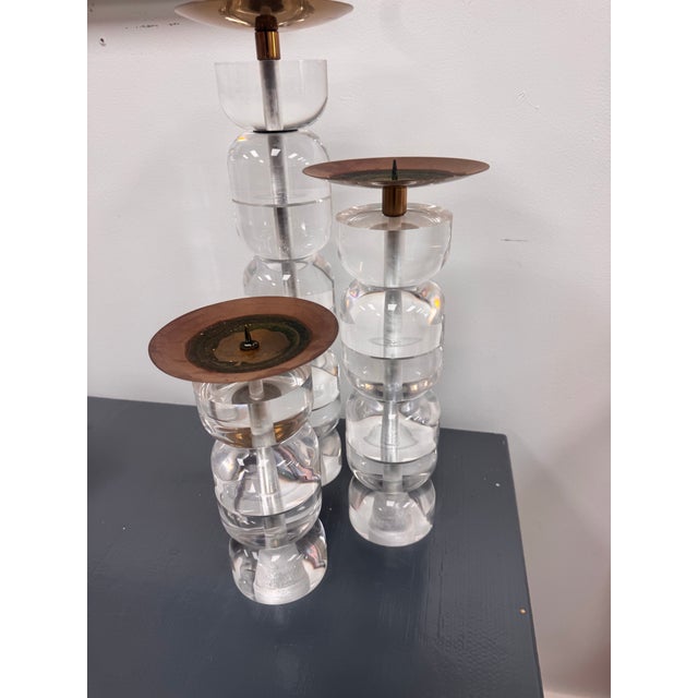 Vintage Lucite and Brass Candlestick Holders, Set of 3 Graduating Sizes For Sale In West Palm - Image 6 of 10