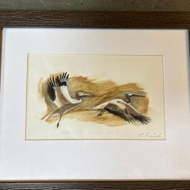Contemporary original painting of pelicans by Stephen Heigh. Signed and framed. Measures approximately 11.5x9.5 framed....