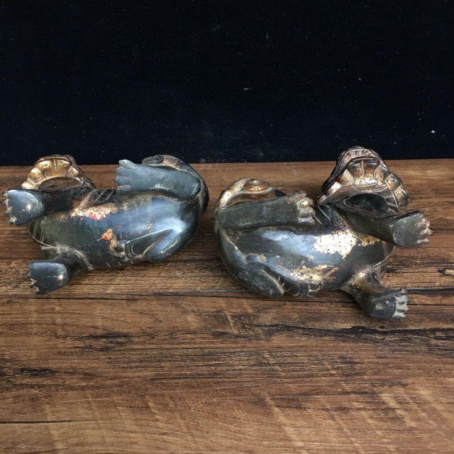 Metal Pair of Antique Gilt Bronze Guardian Lions – 4.3" Foo Dogs With Stone Inlay For Sale - Image 7 of 8
