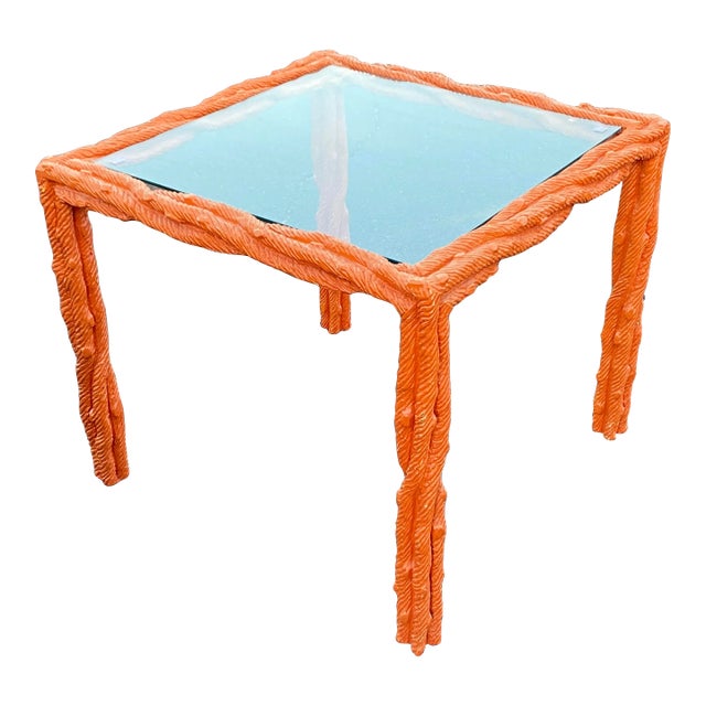 Vintage Orange Lacquered Carved Faux Bois Square Center or Side Table For Sale