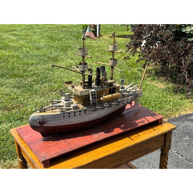 Late 19th Century Late 19th C. American Primitive Folk Hand-Crafted Battleship Model on Base For Sale - Image 5 of 17