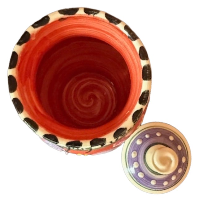 White Vintage Signed "...The Flying Biscuit Cafe" Signed "...Polly Made Me..." Handpainted Ceramic Pottery Jar by 1990's Artist PollyAnne. For Sale - Image 8 of 8