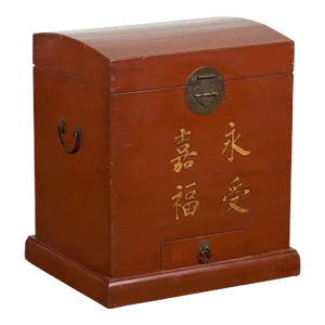 Vintage Chinese Red Lacquer Wedding Chest with Gilded Calligraphy & Drawer