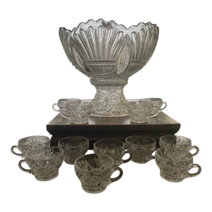 Early 20th Century Heisey Prince of Wales Plume Punch Bowl With Pedestal and Cups Set- 14 Pieces