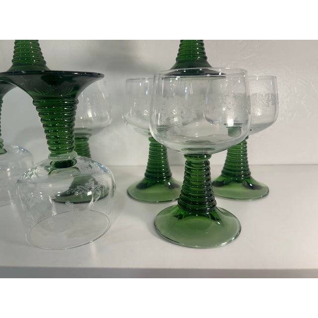Glass 1970s German Crystal Roemer Glasses With Beautiful Beehive Green Stems - Set of 8 For Sale - Image 7 of 11