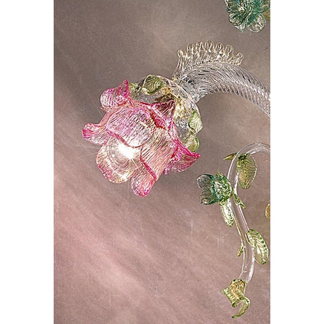Art Nouveau Classical Luxury Venetian Pink and Green Floreal Murano Glass Wall Sconce For Sale - Image 3 of 5