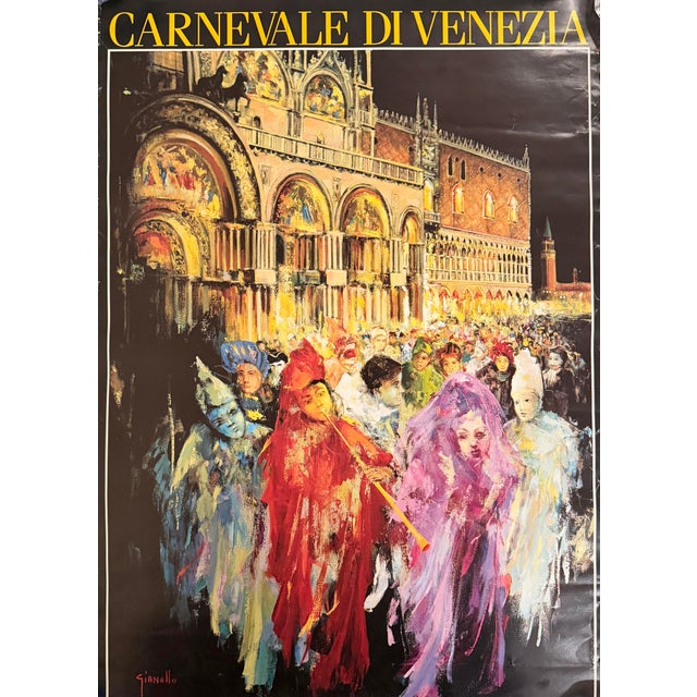 Color poster reproducing a painting by Italian artist Mario Gianello (b. 1935), depicting the Carnival of Venice. The...