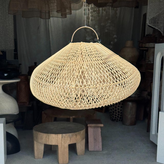 Wood Vintage Hanging Lamp in Rattan, 1980s For Sale - Image 7 of 10