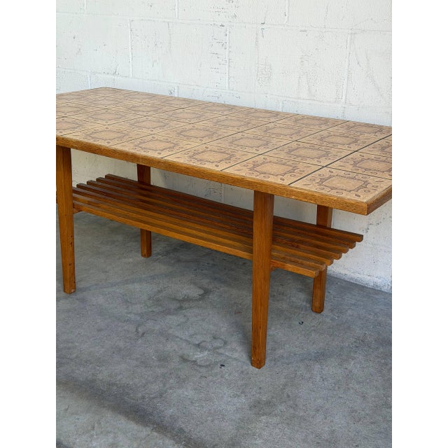 Brown Vintage Danish Oak Coffee Table With Patterned Ceramic Tile Top and Slatted Shelf 1970s For Sale - Image 8 of 10