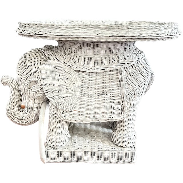 Late 20th Century White Wicker Elephant Side Table With Detachable