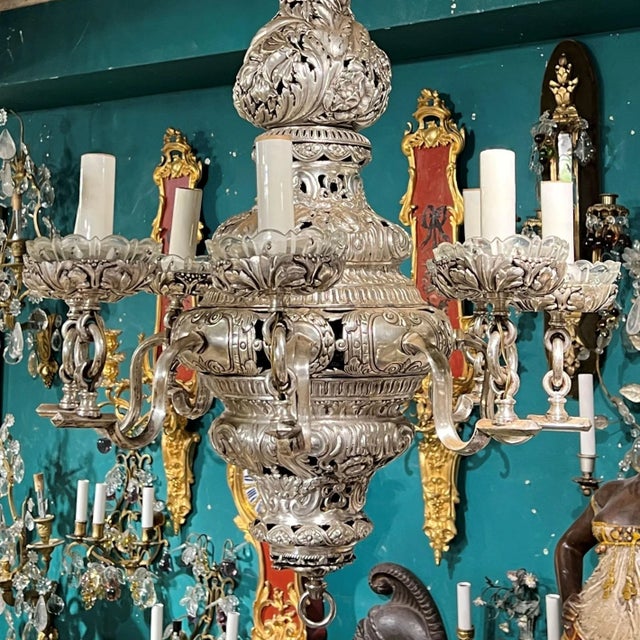 Silver Baroque Style Silvered Metal Chandelier with Shell Motif Attributed to Caldwell For Sale - Image 8 of 8