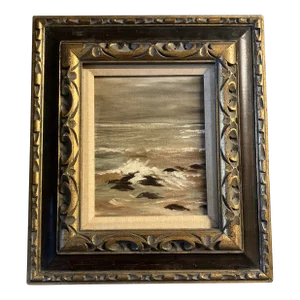 1970’s Original Impressionist Seascape Painting Chunky Carved Wood Frame