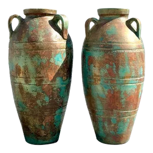 Vintage Boho Patinated Terra Cotta Urns - a Pair
