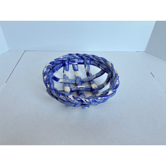 Vintage Mediterranean blue and white glazed ceramic basket weave handmade bowl. It’s a beautiful decorative pottery piece....