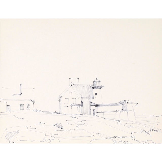 American Lighthouse at the Shore — Impressionist Pen and Ink Landscape Drawing by Laurence Sisson For Sale - Image 3 of 7
