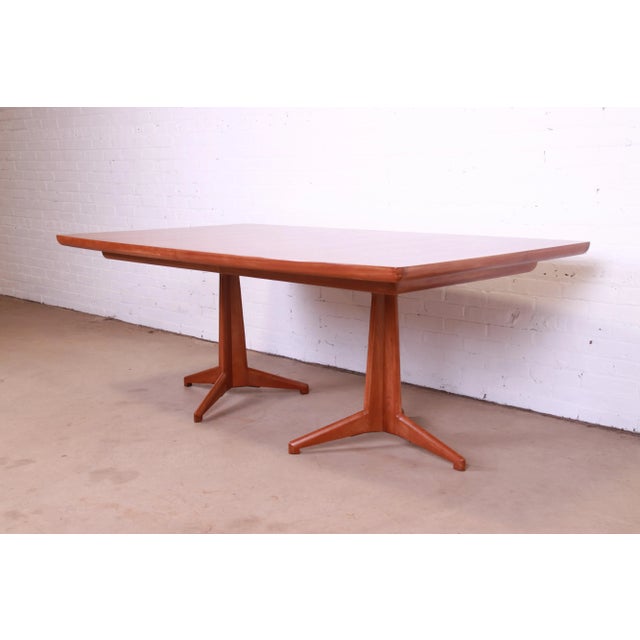 John Widdicomb Mid-Century Modern Sculpted Walnut Double Pedestal Extension Dining Table, Newly Refinished For Sale - Image 9 of 12