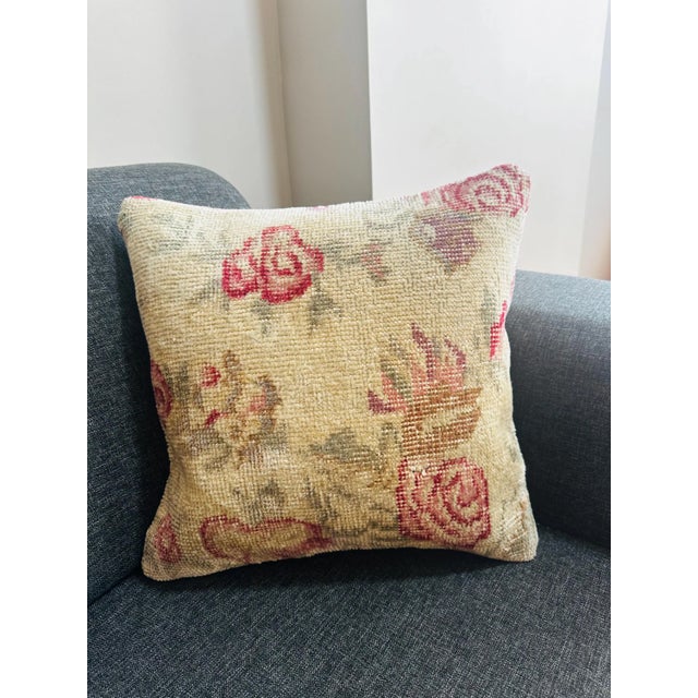 1970s Vintage Turkish Rug Pillow Cover, Handwoven Wool Isparta Floral Cushion, One of a Kind Boho Pillow, 16x16 In For Sale - Image 5 of 11