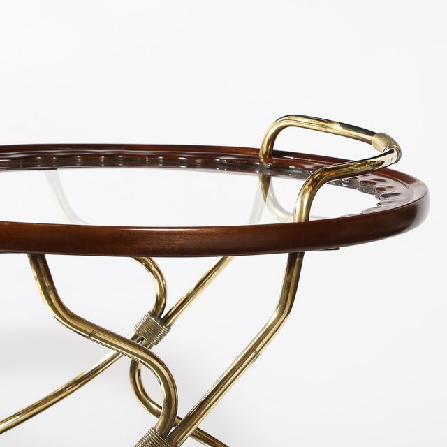 1950s Mid-Century Modernist Two-Tier Walnut, Polished Brass & Glass Serving Cart For Sale - Image 5 of 12