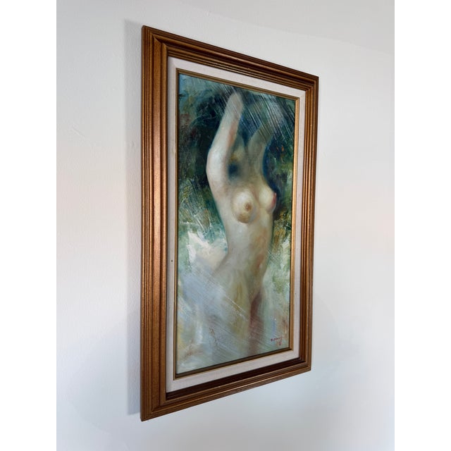 Striking vintage oil painting on canvas depicting a female nude in an expressive, loosely rendered composition. Signed by...