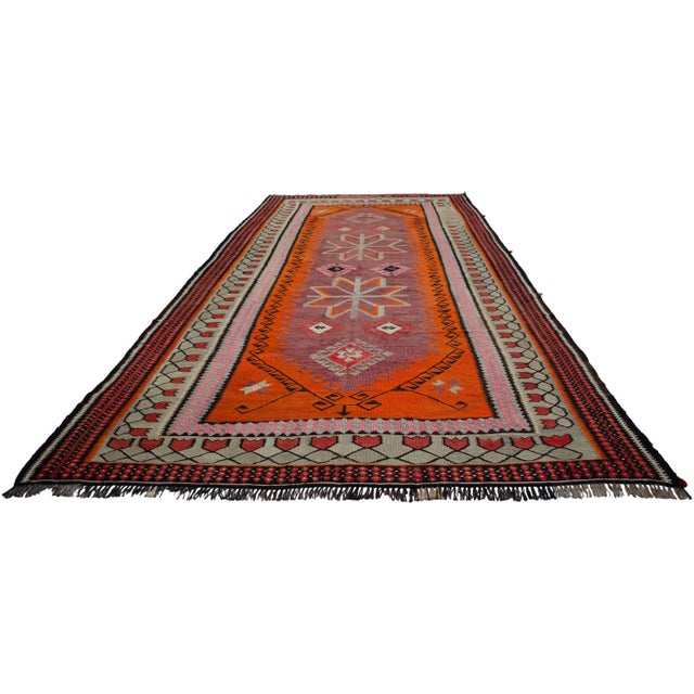Authentic Turkish Kilim, Vintage Orange Hallway Runner, Tribal Rug, Handwoven Wool Tapestry, Mid Century Modern Floor Decor - 5′3″ X 11′5″ For Sale - Image 4 of 14