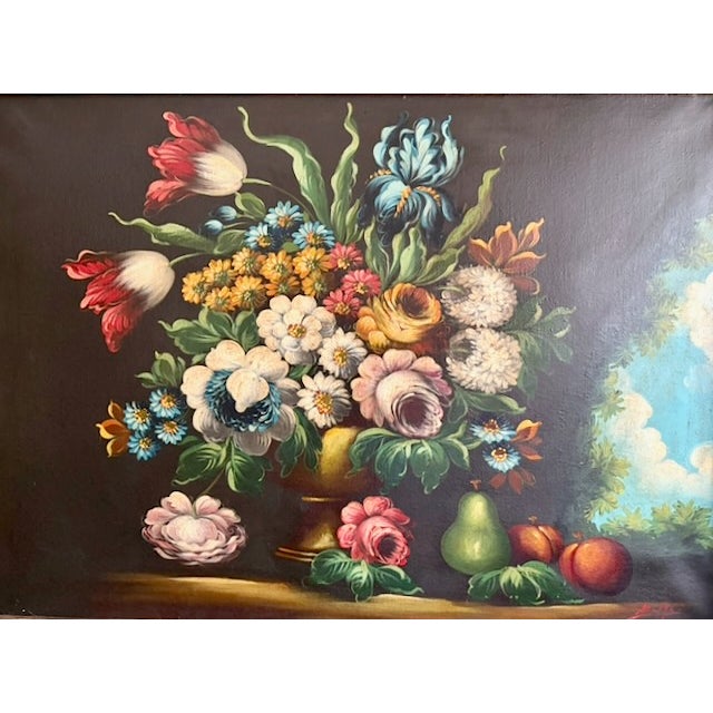 Still life oil on canvas likely of the Dutch school and of the period depicting brilliant flowers set in a brass vase and...