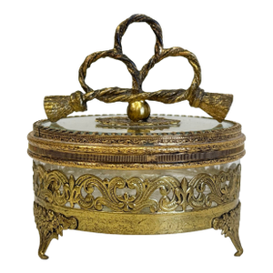 Vintage Ormolu Brass and Glass Jewelry Casket With Ribbon Handle