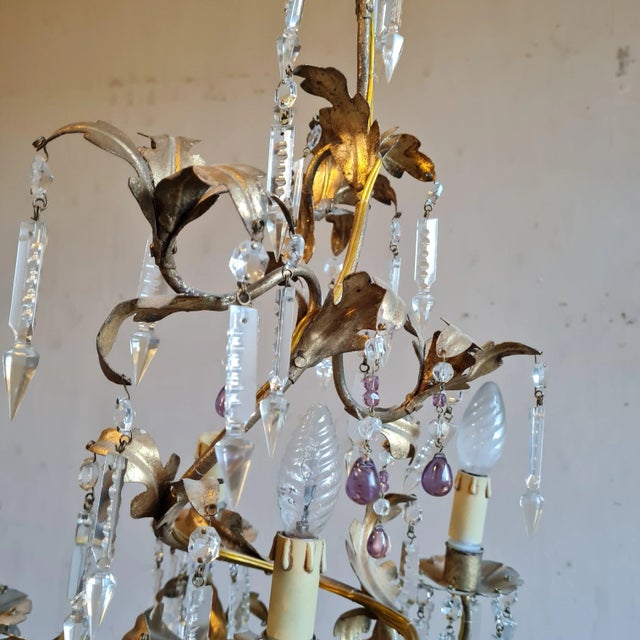 Gilded Iron & Crystal Chandelier For Sale - Image 3 of 5