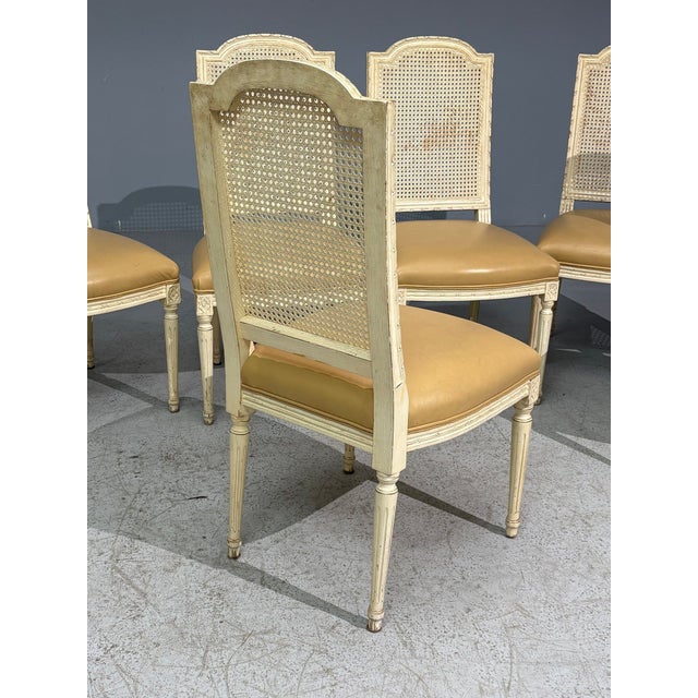 Alabaster Louis XVI Style, Six Dining Chairs, Painted Wood, Cane, Leather, 20th C. For Sale - Image 8 of 13