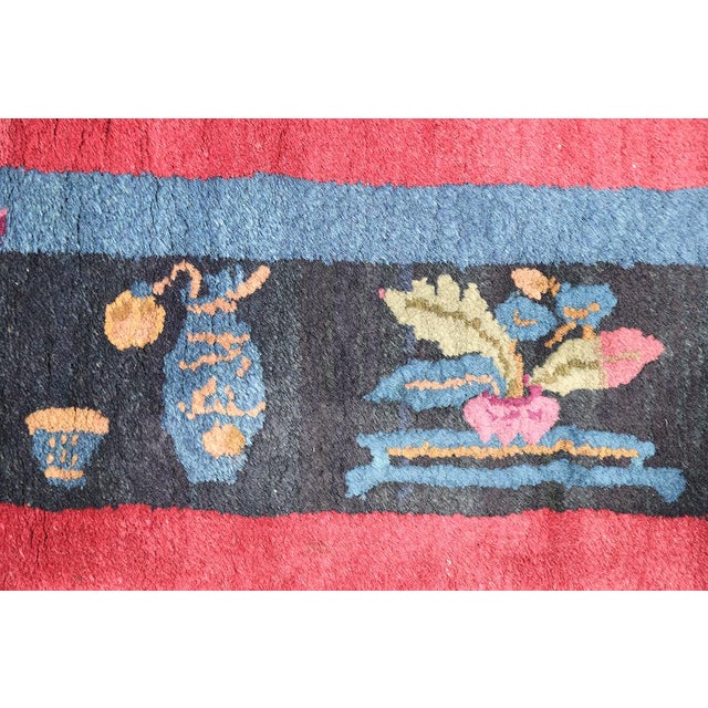 Wine 3'x7' Vintage Chinese Art Deco Rug | Red Wine & Navy Short Runner Rug For Sale - Image 8 of 10