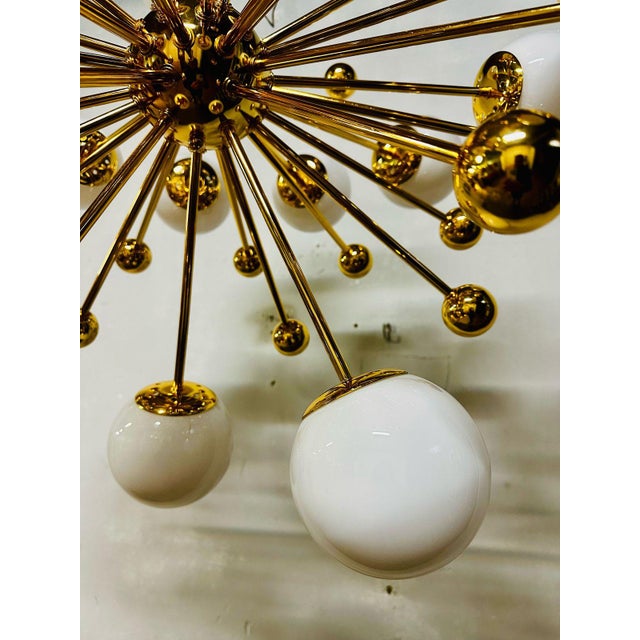 Vintage Italian Sputnik Chandelier in Brass and Opaline Glass, 1970s For Sale - Image 6 of 9
