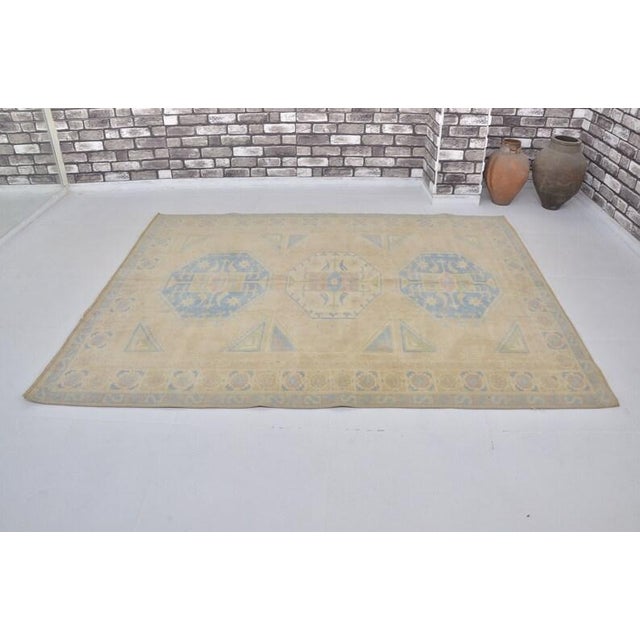 1950s Vintage Anatolian Wool Area Rug, Light Sand Field With Soft Blue Geometric Medallions For Sale - Image 5 of 10