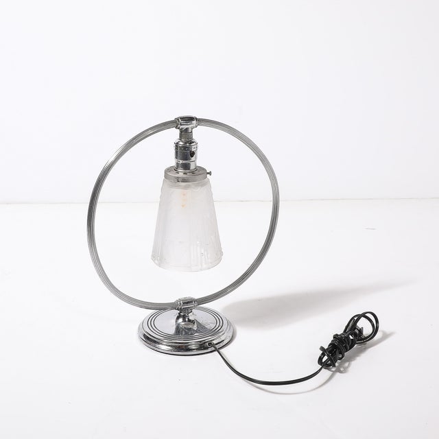1930s Art Deco Chrome & Frosted Cubist Shade Open Form Table Lamp Signed Muller Freres For Sale - Image 10 of 15