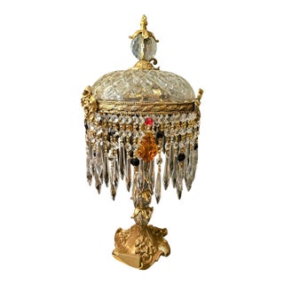 Crystal Table Lamp – Brass & Cut Crystal Boudoir Lamp With Prismatic Drops For Sale
