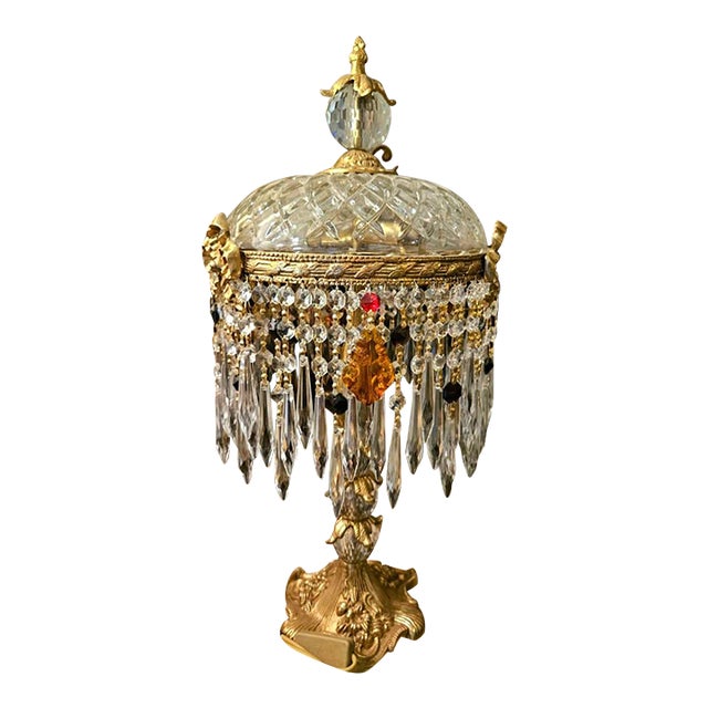 Crystal Table Lamp – Brass & Cut Crystal Boudoir Lamp With Prismatic Drops For Sale