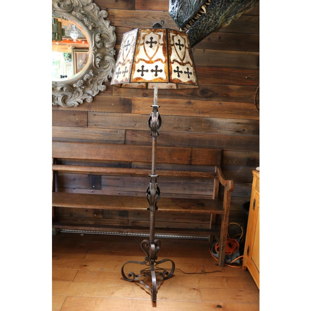 Gothic Early 20th Century Spanish Revival Hand-Wrought Iron Floor Lamp With Mica Shade & Copper Cross Motif For Sale - Image 3 of 18