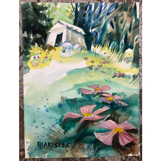 1960s Watercolor on paper of a Spring scene by artist Tina Blakeslee. Signed lower left.