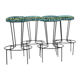 1990s Modern Teal Patterned Backless Bar Stools - Set of 4 For Sale