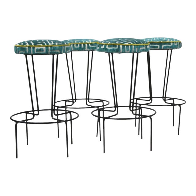 1990s Modern Teal Patterned Backless Bar Stools - Set of 4 For Sale
