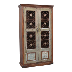 Solid Reclaimed Teak Wood Cabinet With Reclaimed Decorative Iron Work, 2 Doors & Shelves