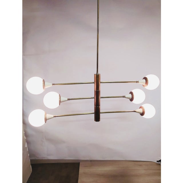 Gold Mid-Century Brass Chandelier with 6 Opaline Spheres, Italy, 1960s For Sale - Image 8 of 14