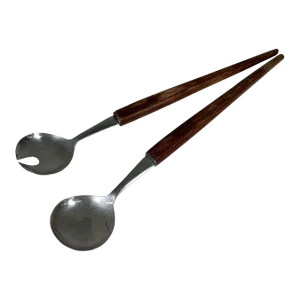 1960s Modern Stainless Steel Wood Salad Serving Set Utensils Japan